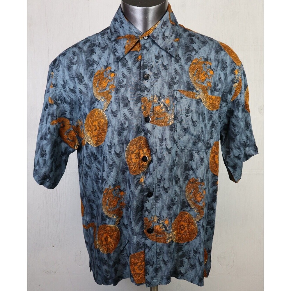 Mens Royal Creations Button‎ Front Shirt Size L Rayon Gray Gold Chinese Dragons